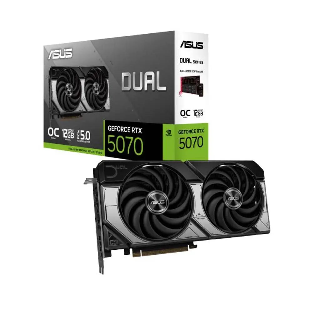 ASUS Dual GeForce RTX 5070 OC Edition 12GB graphics card for sale in Dubai, UAE. ASUS Dual GeForce RTX 5070 OC Edition 12GB graphics card for sale in Dubai, UAE.